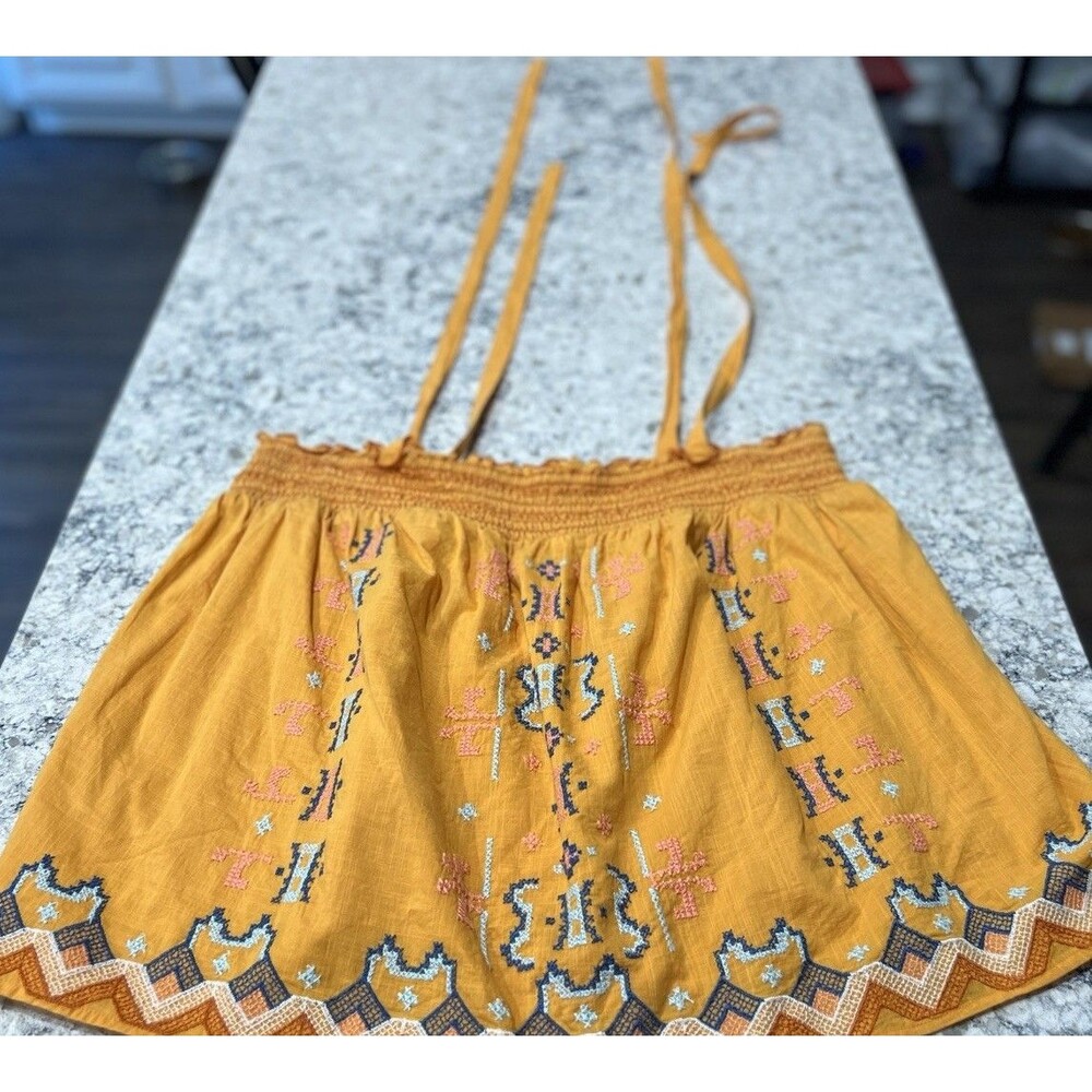 Anthropolige Yellow Top Size XL Embroidered Sleeveless Lined Tie Straps Womens